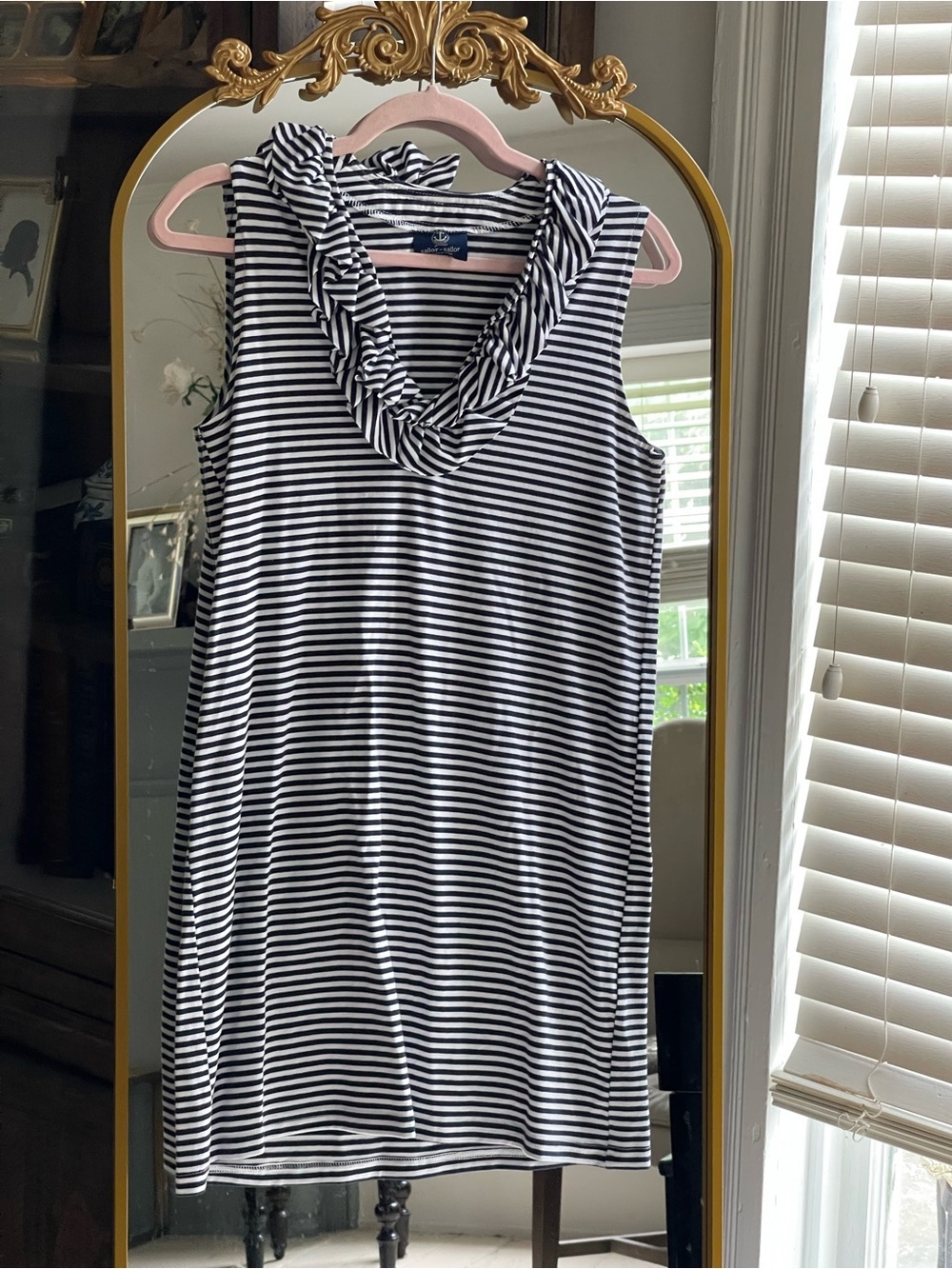 Sailor Sailor Navy & White Striped Sleeveless Ruffle Neck Mini Dress